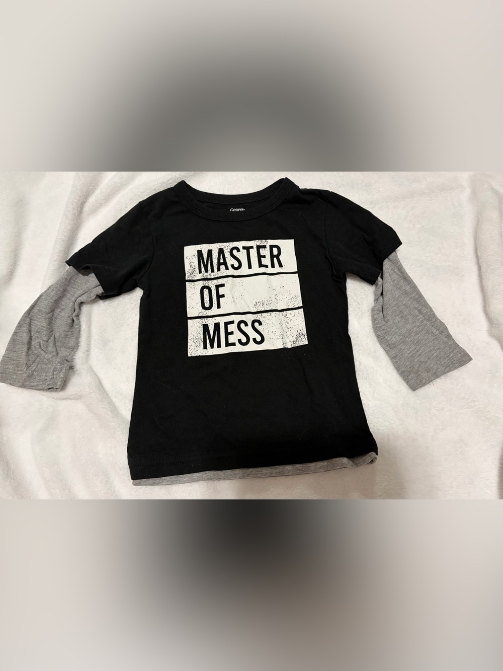 Kids size 3T George Black Tee with White "Master of Mess" Graphic